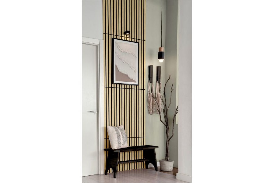 Akustikpaneele, schallabsorbierend, Eiche hellbraun, 2400 x 305 x 10,3 mm, Echtholzfurnier, FSC 100%, TSUD-COC-001718-ZZ (1,488 m² / Paket)