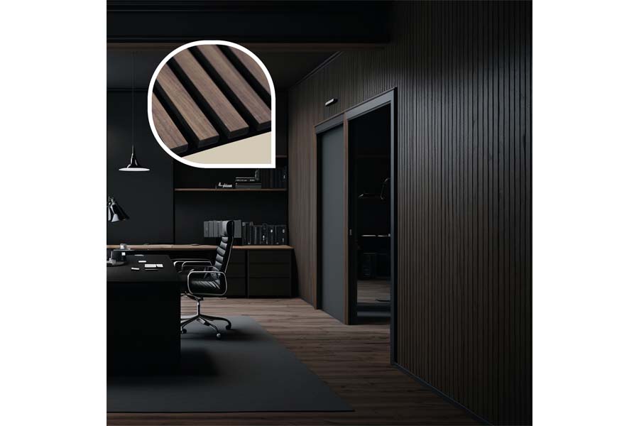 Akustikpaneele, schallabsorbierend, dunkelbraune Lamellen auf schwarzem Filz, Abmessungen: 60 x 240 cm