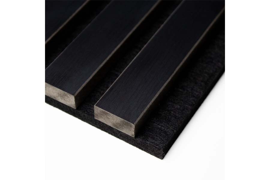 Akustikpaneele, schallabsorbierend, schwarze Lamellen auf schwarzem Filz, Abmessungen: 60 x 60 cm