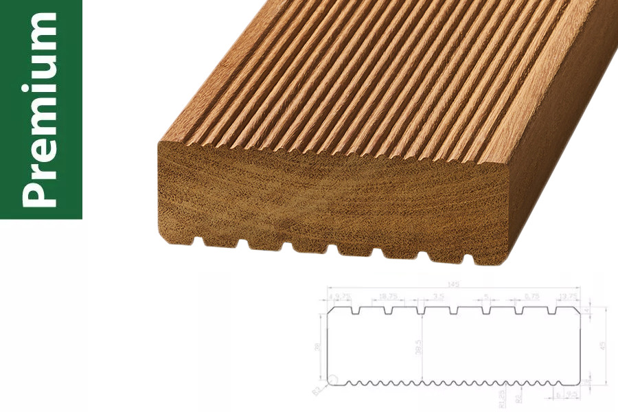 Bangkirai Premium KD, einseitig grob profiliert / einseitig fein geriffelt  45 x 145 mm – Länge: 2,44 m – Sichtseite grob geriffelt