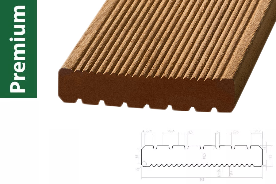 Bangkirai Premium KD, einseitig grob profiliert / fein geriffelt, Kurzlängen  25 x 145 mm – Länge: 1,86 m – Sichtseite grob geriffelt