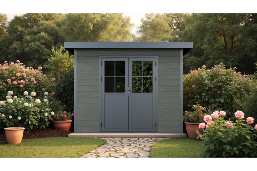 WPC Gartenhaus, coextrudiert, granit, Flachdach, 320 x 320 cm, 2,32 m hoch, Grundmaß 7,84 m²