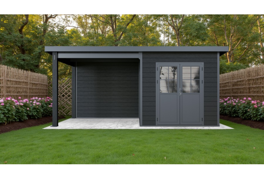 WPC Gartenhaus, coextrudiert, anthrazit, Flachdach, mit Anbau und Rückwand, 560 x 330 cm, 2,47 m hoch, Grundmaß 14,9 m²