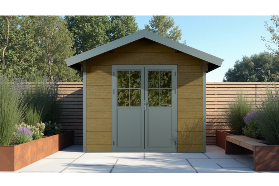 WPC Gartenhaus, coextrudiert, braun, Satteldach, 336 x 320 cm, 2,68 m hoch, Grundmaß 6,72 m²