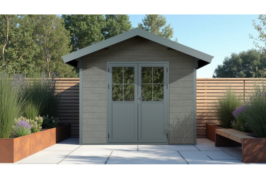 WPC Gartenhaus, coextrudiert, granit, Satteldach, 336 x 320 cm, 2,68 m hoch, Grundmaß 6,72 m²