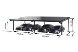 Carport Modular, Aluminium mit Solardach für 4 PKW, beidseitig Glasmodule, Modulleistung 440 W, 30 Module pro Carport, Caportmaße 11200 mm (B) x 3460 mm (T) x 3850 mm (H)