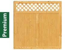 Premium Douglasie Sichtschutzzaun Holz, 178,5 cm (B) x 178,5 cm (H), Senkrechtfüllung mit Mittelsträbe und waagerechtem Gittereinsatz - lasiert