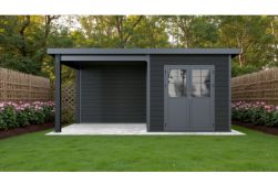 WPC Gartenhaus, coextrudiert, anthrazit, Flachdach, mit Anbau und Rückwand, 560 x 330 cm, 2,47 m hoch, Grundmaß 14,9 m²