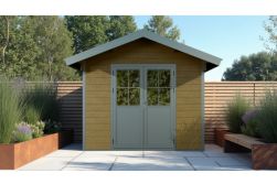 WPC Gartenhaus, coextrudiert, braun, Satteldach, 336 x 320 cm, 2,68 m hoch, Grundmaß 6,72 m² 