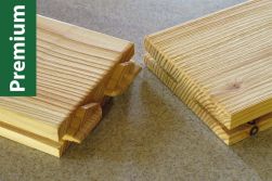 Europäische Lärche, Premiumqualität, 30 mm (S) x 100 mm (B), Oberfläche glatt gehobelt / Sichtseite nachsortiert, 13 % Holzfeuchte, splintfrei, stirnseitig Nut und Feder, längsseitig genutet, in den Längen 1,0 m / 1,25 m / 1,5 m / 1,75 m / 2,0 m / 2,5 m