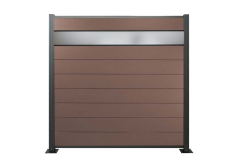 WPC Zaun, braun, Komplettset mit Designelement aus Kunstglas (Sicherheitsglas), 20 mm (Stärke) x 1800 mm (Breite) x 1850 mm (Höhe), Sichtschutz / Steckzaun / Modulares Zaunsystem inkl. Start- und Abschlussprofil (Serie WoodoNorderney+ ohne Pfosten)