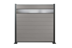 WPC Zaun, grau, Komplettset mit Designelement aus Kunstglas (Sicherheitsglas), 20 mm (Stärke) x 1800 mm (Breite) x 1850 mm (Höhe), Sichtschutz / Steckzaun / Modulares Zaunsystem inkl. Start- und Abschlussprofil (Serie WoodoNorderney+ ohne Pfosten)