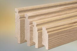 Sockelleisten Eiche für Parkett und Massivholzdielen, Berliner Profil, 20 mm, klar lackiert, fallende Längen 100 - 290 cm, in den Höhen 60 mm, 80 mm, 100 mm und 120 mm
