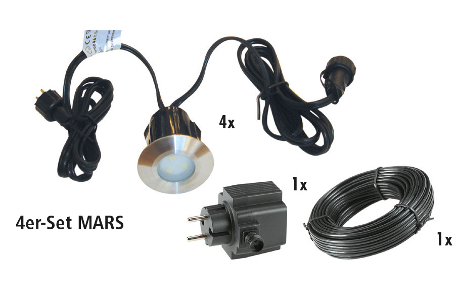 Komplettset Einbauleuchte MARS – 4er Set = 4 x Mars + Kabel 10 m + Trafo