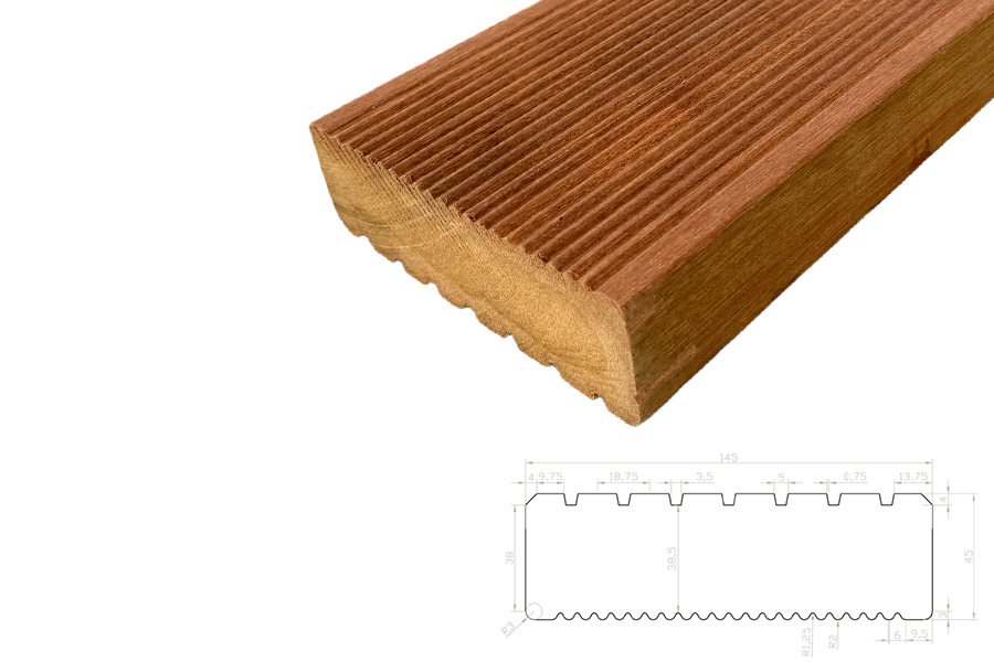 Bangkirai Premium KD, einseitig grob profiliert / einseitig fein geriffelt  45 x 145 mm – Länge: 3,66 m – Sichtseite fein geriffelt