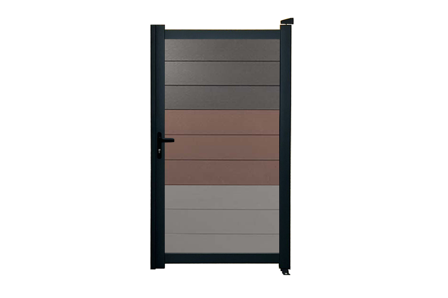 Gartentür zur individuellen Befüllung, 1-flügelig, Rahmen anthrazit Gesamtmaß: 1,85 m (H) x 1,0 m (B) Füllung 5 Lamellen – grau