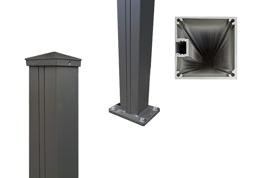 Verstärkter Aluminium Pfosten für Montage von Gartentoren und Gartentüren, 3,5 mm Materialstärke, 100 x 100 mm, 2,00 m Länge, inkl. Pfostenträger, Pfostenkappe, Abdeckleiste und Stopper – in anthrazit