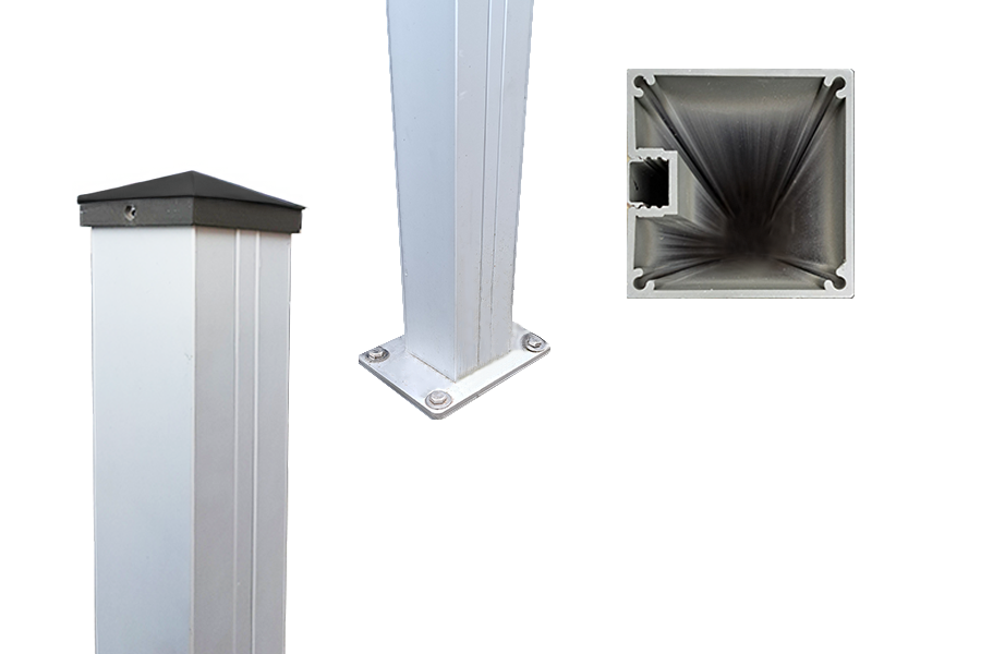 Verstärkter Aluminium Pfosten für Montage von Gartentoren und Gartentüren, 3,5 mm Materialstärke, 100 x 100 mm, 2,00 m Länge, inkl. Pfostenträger, Pfostenkappe, Abdeckleiste und Stopper – in silber eloxiert