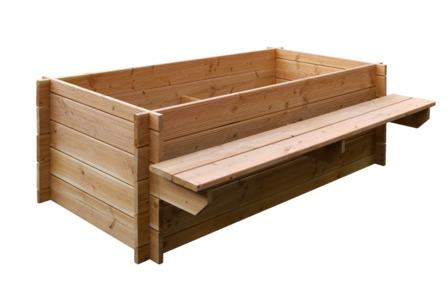 Hochbeet mit Sitzbank, Douglasie natur, 200 cm (B) x 130 cm (T) x 65 cm (H)