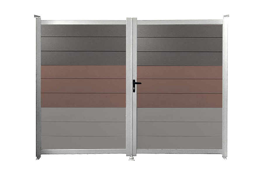 Gartentor zur individuellen Befüllung, 2-flügelig, Rahmen silber eloxiert  Gesamtmaß: 1,85 m (H) x 3,0 m (B) -Füllung 18 Lamellen braun