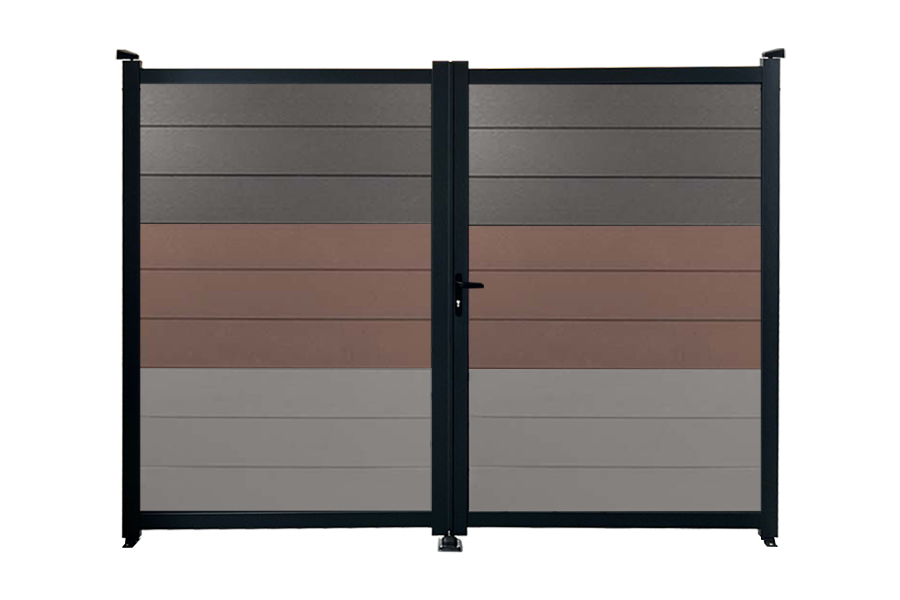 Gartentor zur individuellen Befüllung, 2-flügelig, Rahmen anthrazit Gesamtmaß: 1,85 m (H) x 3,0 m (B) – Füllung 18 Lamellen grau