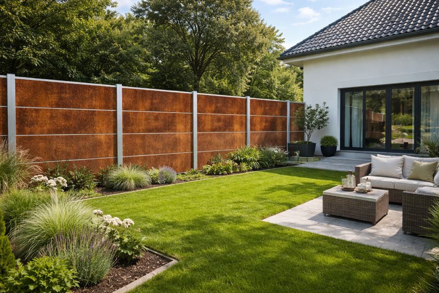 HPL Steckzaun Komplettset / Sichtschutz / Modulares Zaunsystem in rost, 179,20 cm (B) x 177,50 cm (H), inklusive Adapterleisten in anthrazit, (ohne Pfosten)-Adapterleiste anthrazit