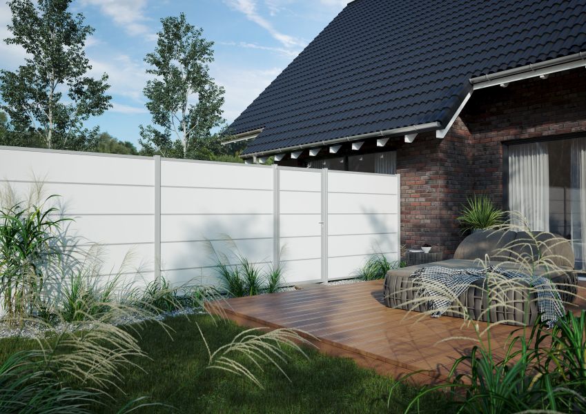 HPL Steckzaun Komplettset / Sichtschutz / Modulares Zaunsystem in weiß, 179,20 cm (B) x 177,50 cm (H), inklusive Adapterleisten in anthrazit (ohne Pfosten)-Adapterleiste anthrazit