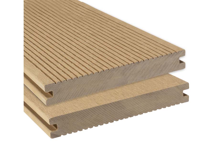 BPC Massivdiele WoodoAthen, 19 x 140 mm, beidseitig begehbar, geriffelt / glatt, sandfarbend, in der Länge 4 m – NEU
