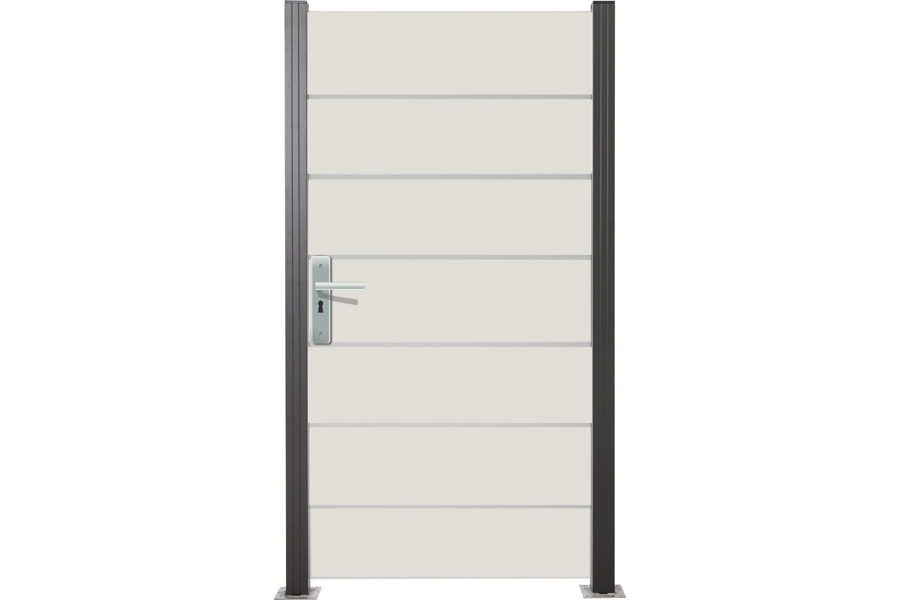Glas Sichtschutz, Glaszaun Tür Creme weiß Streifen Dekor 82 Höhe 180 cm, Breite 98,7 cm (ohne Beschlag)