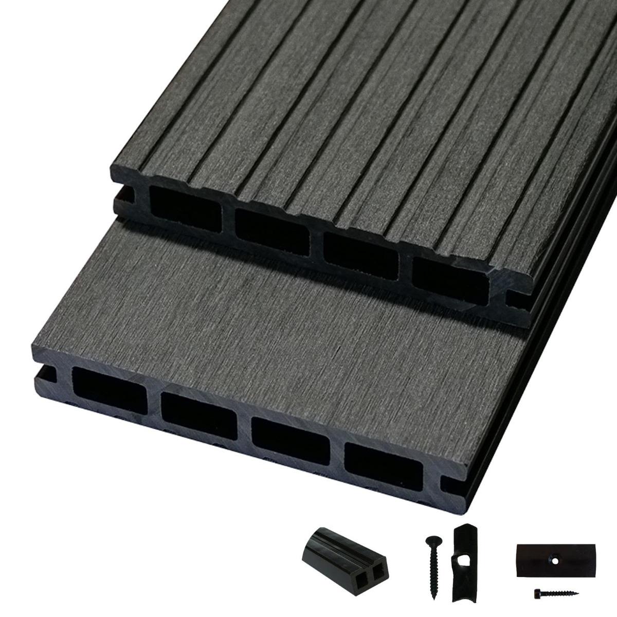Woodstore24 Terrassendielen WPC Diele Komplettset WoodoRhodos (20 x 120 mm, Länge: 2,4 m) Grau (Grau, 20 m²)