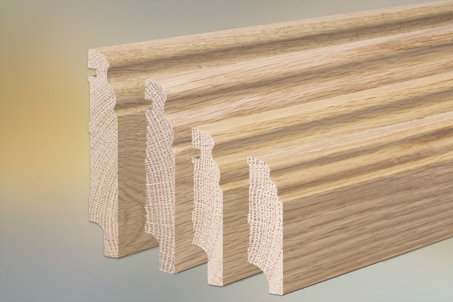 Sockelleisten Eiche für Parkett und Massivholzdielen, Berliner Profil, 80 x 20 mm, klar lackiert, fallende Längen 100 - 290 cm