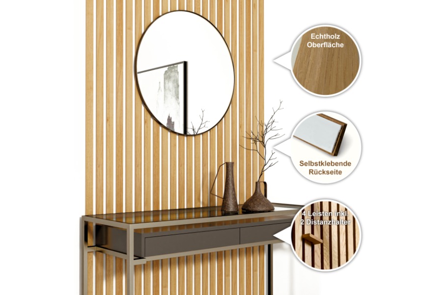 Wandpaneele Eiche hell, Wandverkleidung mit Echtholzoberfläche, FSC 100%, TSUD-COC-001718-ZZ, 2500 x 345 x 9 mm, vier Streifen inklusive Abstandshalter pro Paket, selbstklebend (0,51m² / Paket)