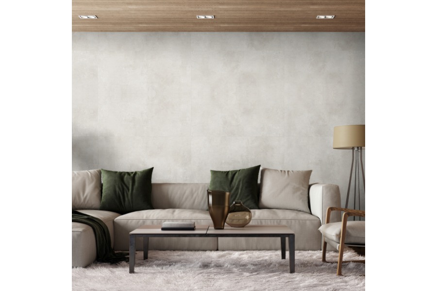 XXL Wandfliese SPC-Vinyl, Betonoptik ‑ Grau, Matt, wasserfeste Wandverkleidung für Küche und Bad, Wandpaneel mit Click-Verbindung, 1200 mm x 600 mm x 3,7 mm, (2,16 m² / Paket)
