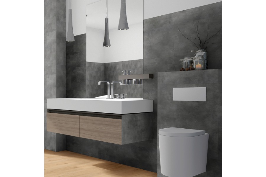 XXL Wandfliese SPC-Vinyl, Betonoptik ‑ Hellgrau, Matt, wasserfeste Wandverkleidung für Küche und Bad, Wandpaneel mit Click-Verbindung, 1200 mm x 600 mm x 3,7 mm, (2,16 m² / Paket)